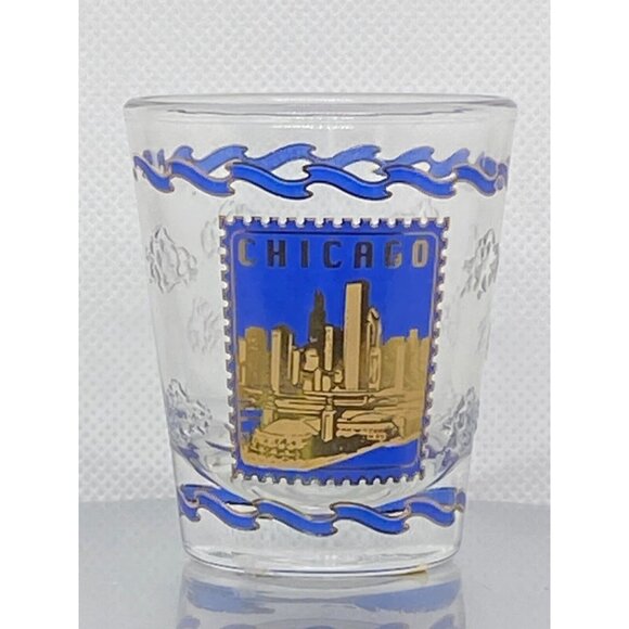 Vintage Chicago Blue And Gold Shot Glass w/ embossed raised pattern clouds - Picture 4 of 7